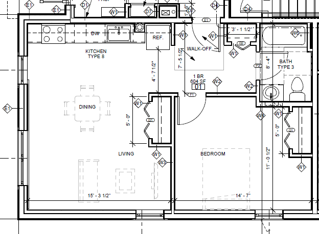 Kitchen along one side of a nice open living space. One closet in living room, and one in bedroom. Windows in kitchen, living, and bedroom.